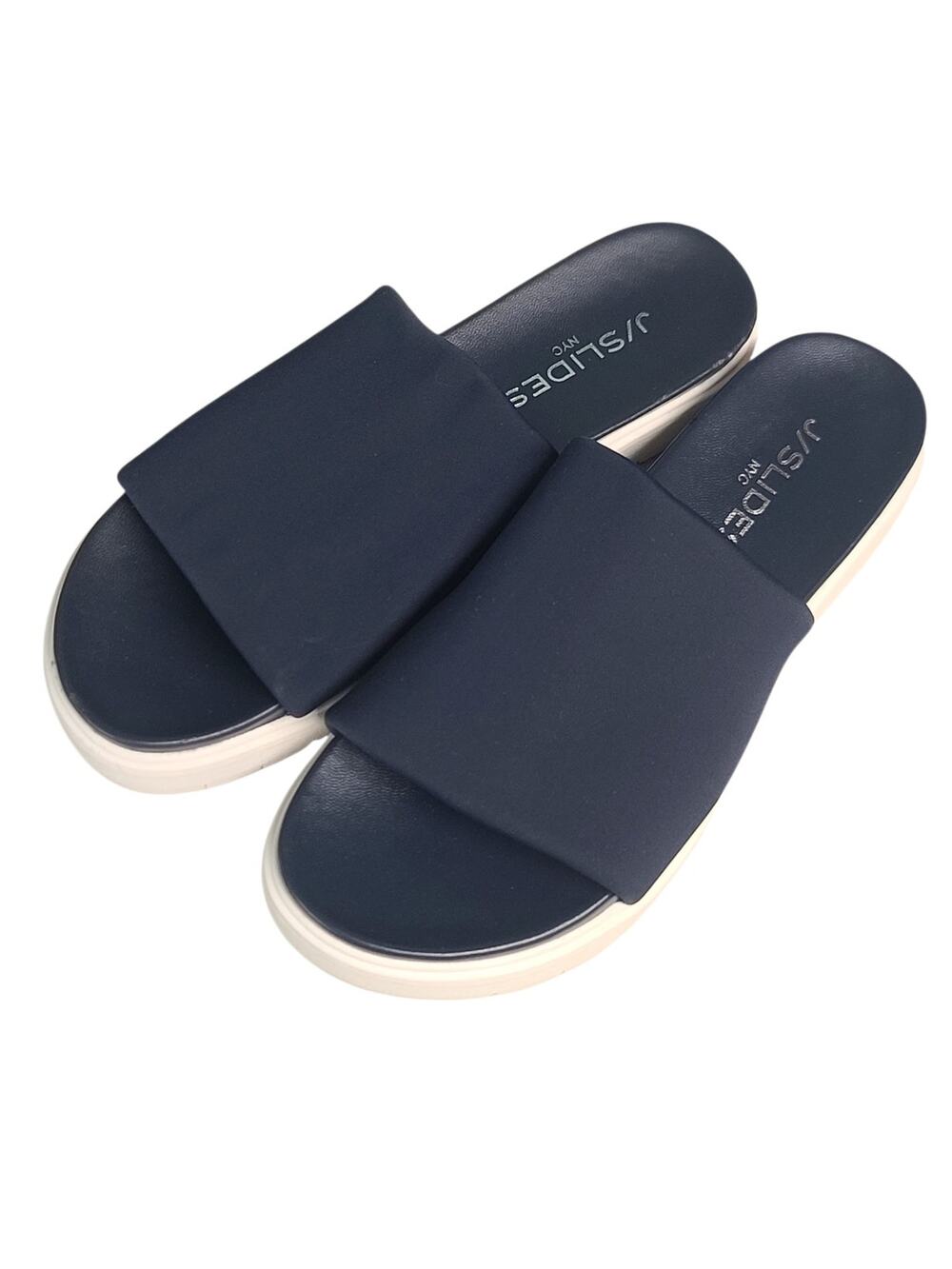 J/SLIDE NYC Padded Wide-Strap Slides Navy/White Womens 6